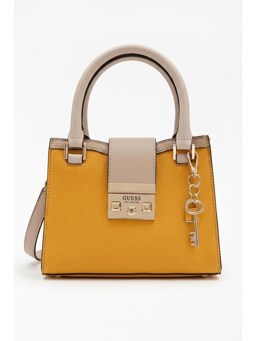 Guess Mini Satchel Crossbody Bag Mustard Yellow Top Handle Purse Gold Key Charm